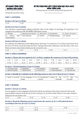 Hướng dẫn chấm Đề thi chọn học sinh giỏi môn Tiếng Anh Lớp 9 - Năm học 2014-2015 - Sở giáo dục và đào tạo Vĩnh Phúc (Có đáp án)